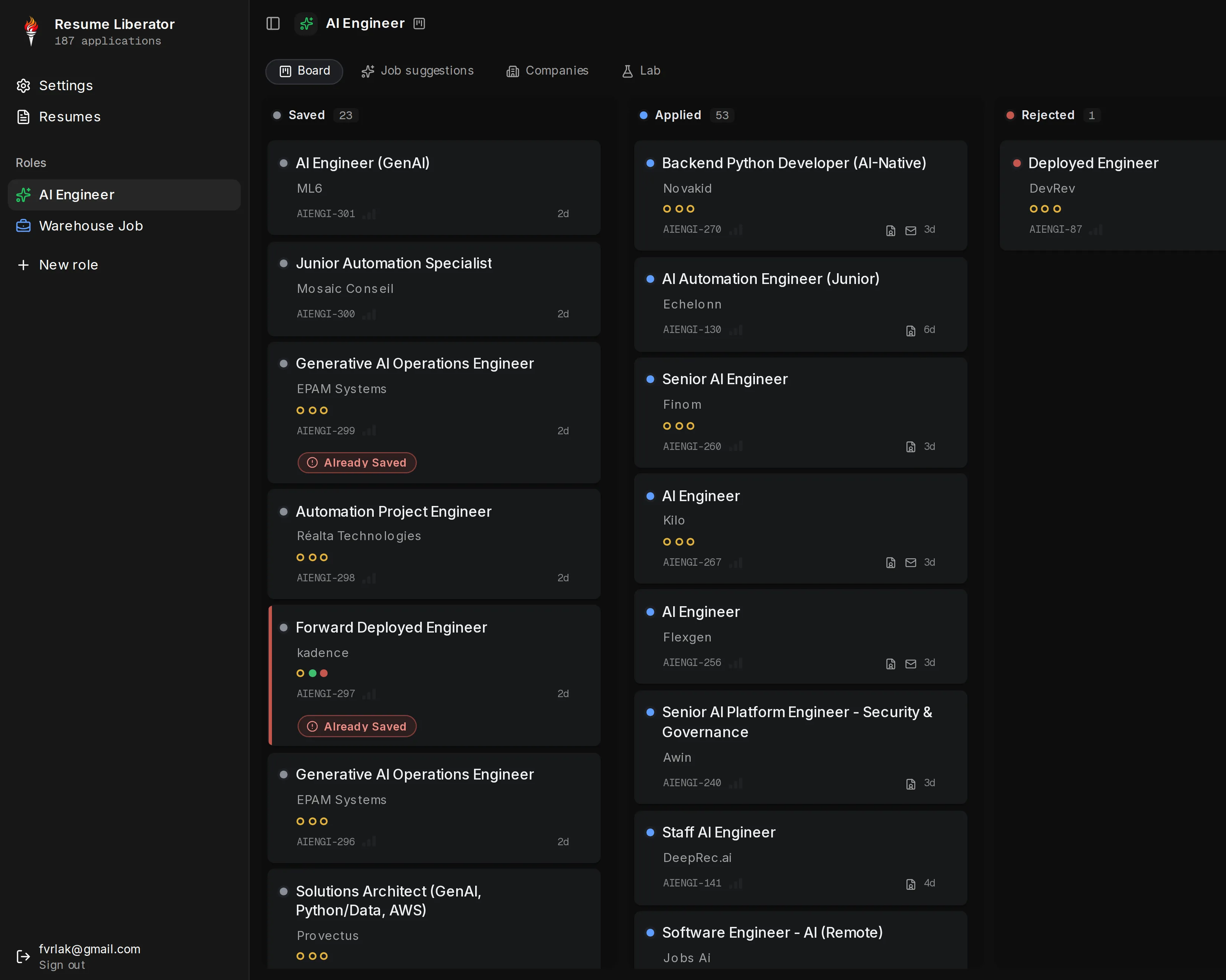 The board view with saved job posts organized in columns