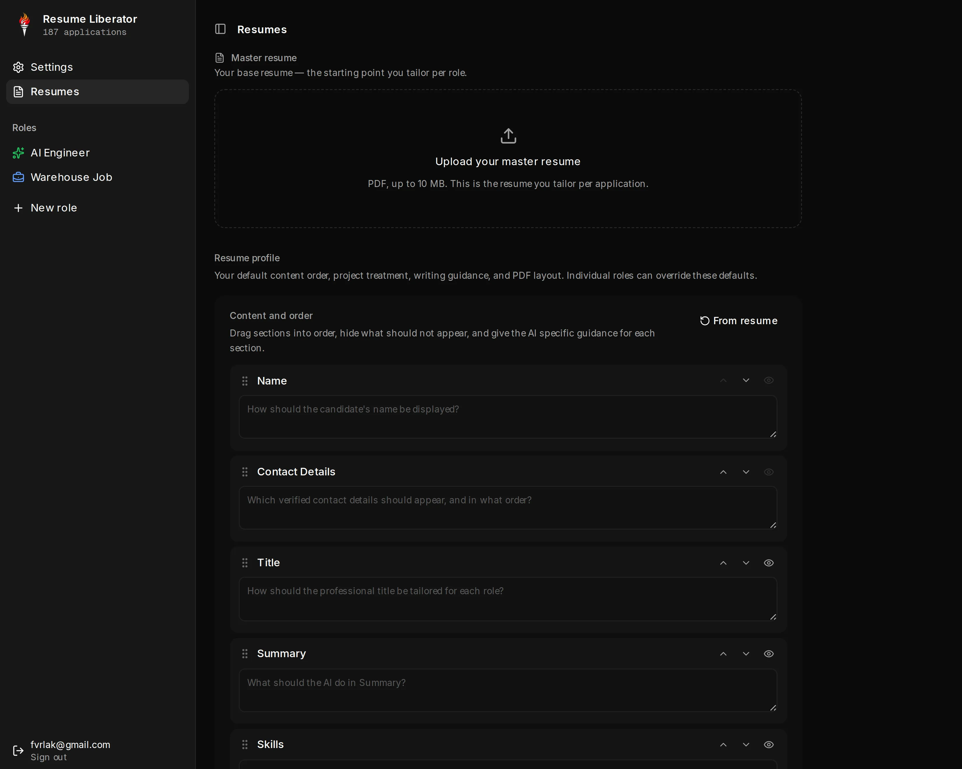 Role sidebar and application tracking overview